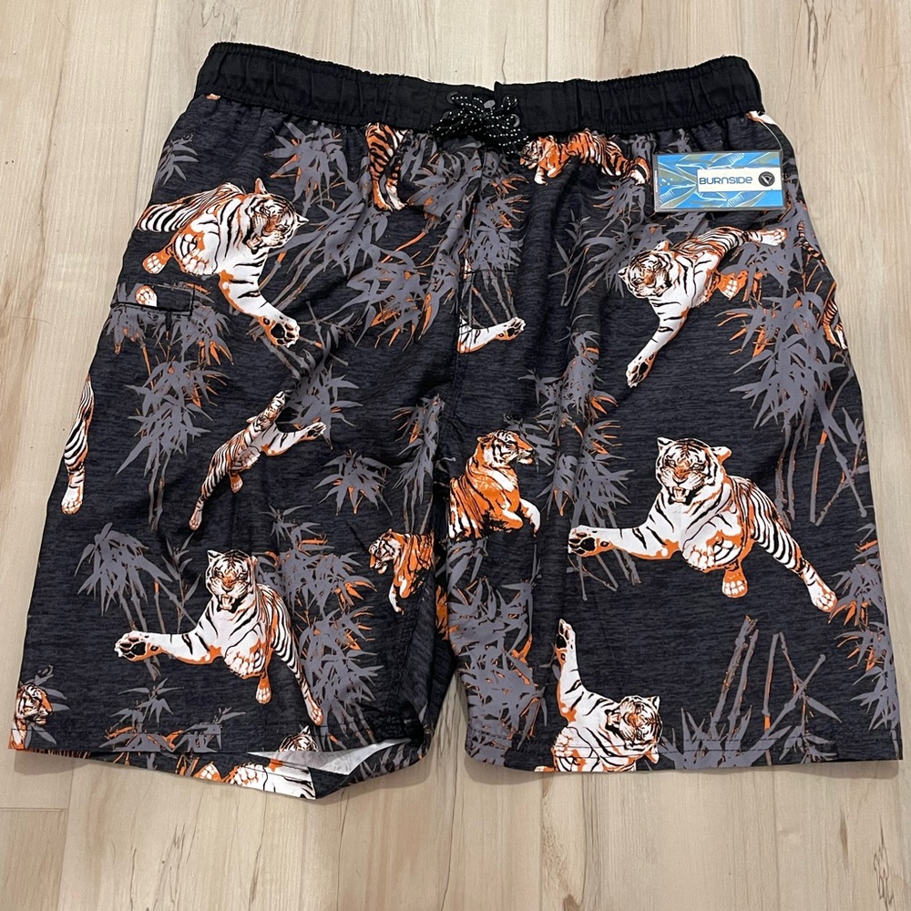 Burnside Black and Orange Tiger Print Board Shorts